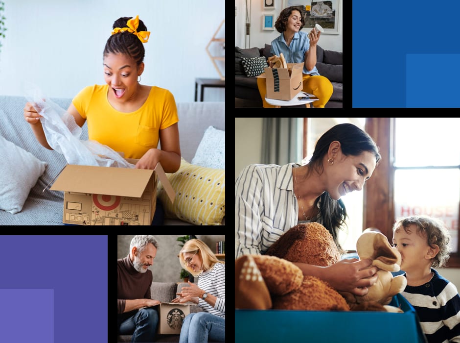 Collage of people at home opening delivered cardboard boxes